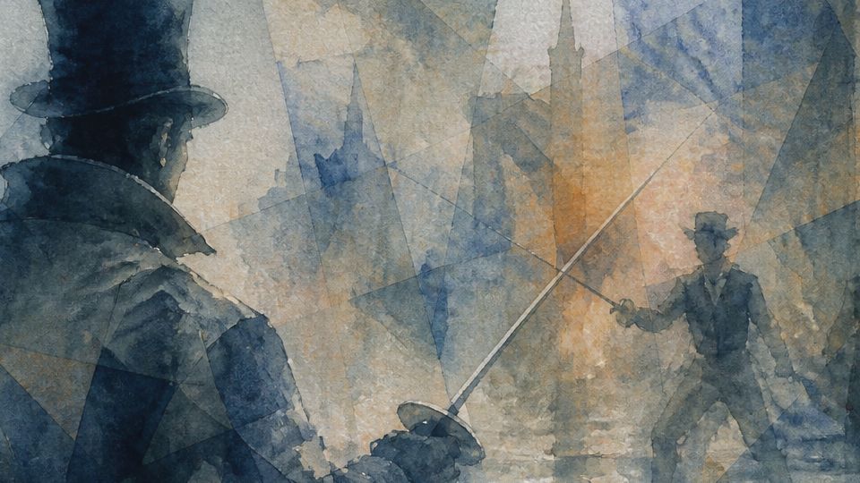A man in a top hat faces duelists in watercolor, with shades of blue and warm orange.