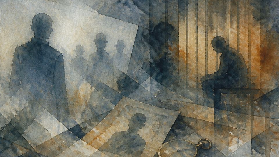 A silhouette of a man sits in a cell, surrounded by shadows in blue and warm brown watercolor.