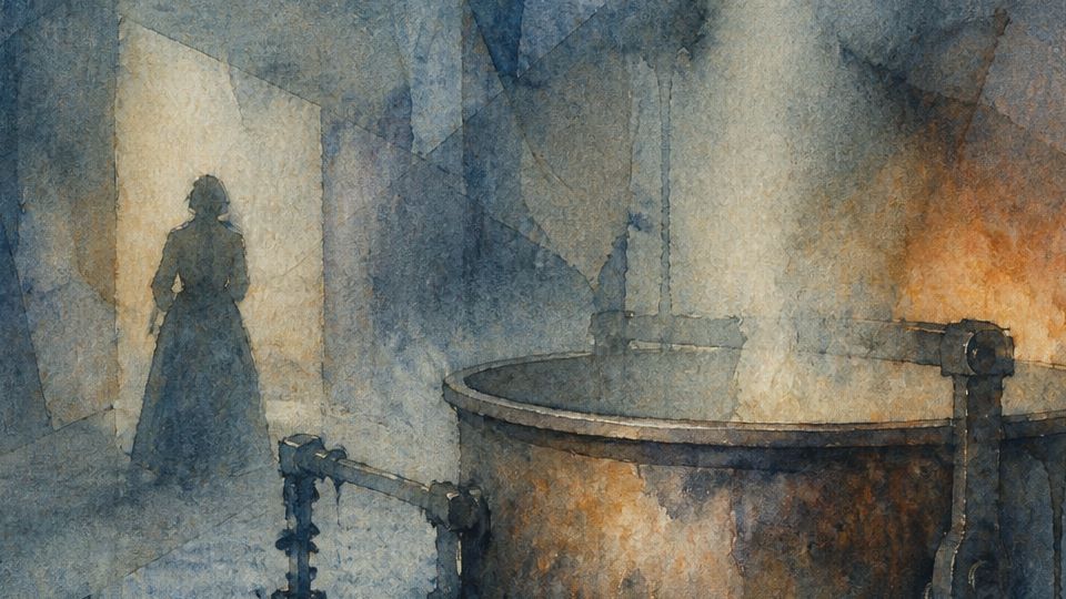 A figure stands near a large pot in a dim room, painted in dark blue and warm orange watercolors.