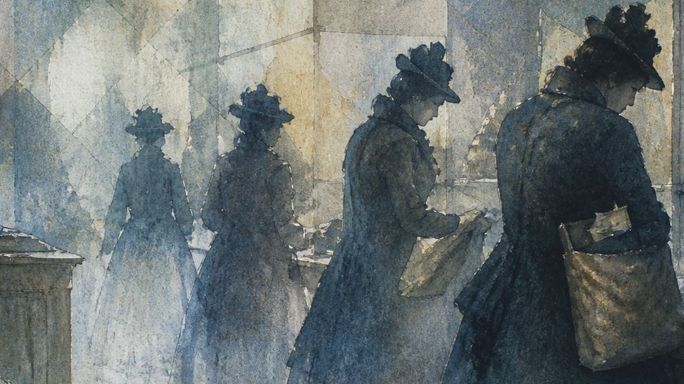 A group of women shoplifting in a store, depicted in soft watercolor shades of blue and gray.