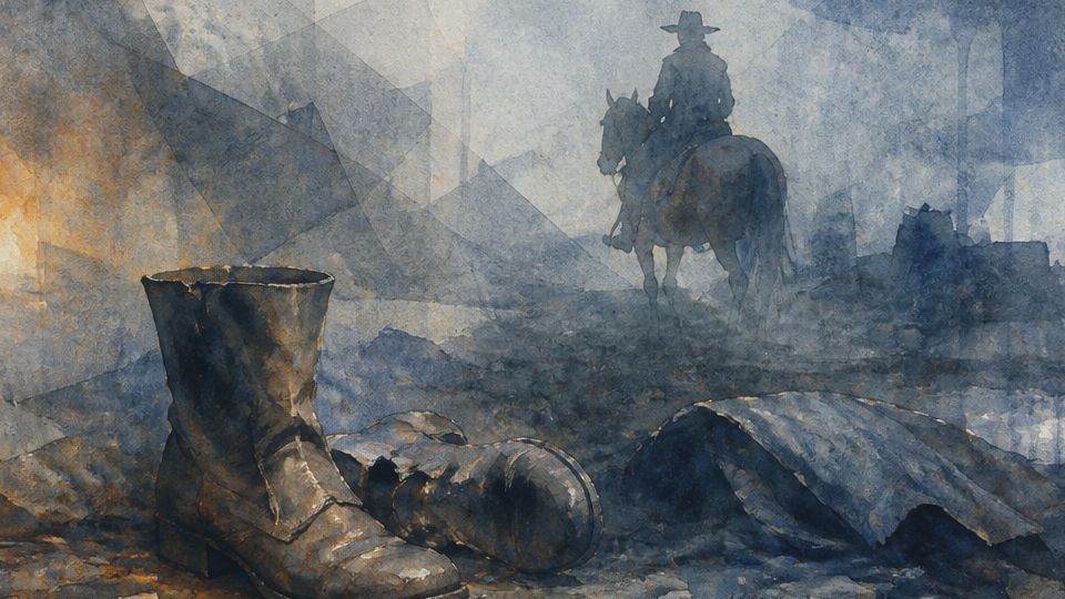 A lone figure on horseback surveys worn boots and fabric in muted blue and brown watercolor.