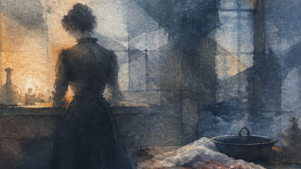 A woman stands by a table in soft light, creating an intimate scene in warm and cool watercolors.