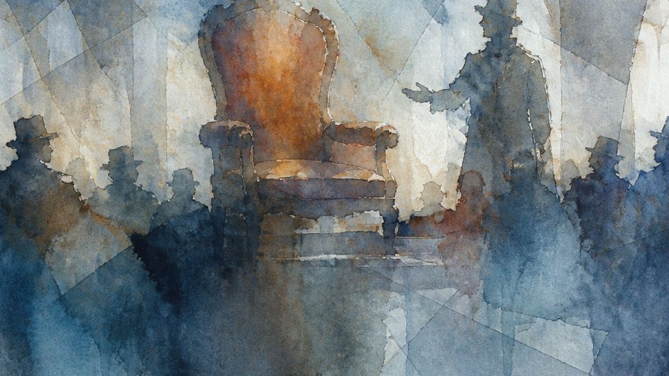 A figure gestures toward a grand chair, depicted in blues and browns with watercolor textures.