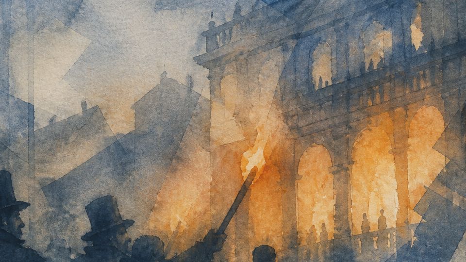 A crowd of silhouetted figures holding torches near a burning building in watercolor blue and.