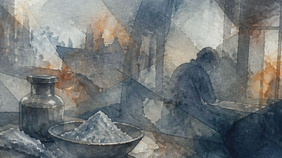 A figure sits by a window beside a bowl of white substance in muted watercolor tones.