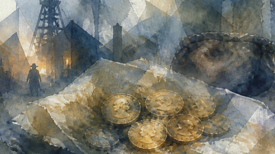 A figure stands near gold coins on paper, featuring soft blues and earthy browns in watercolor.