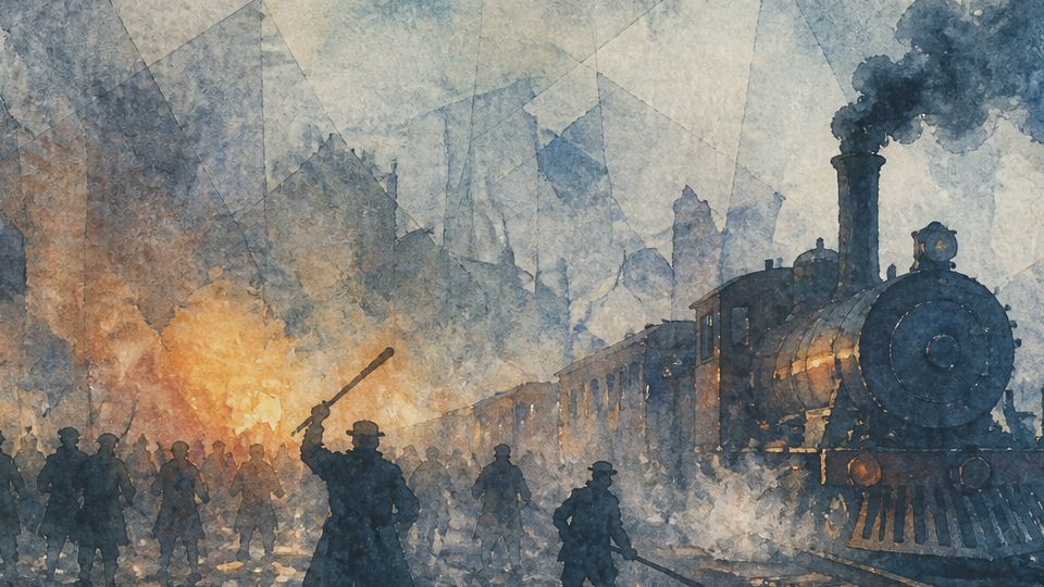 A crowd with a raised baton confronts a steam train amid watercolor shades of blue and orange.
