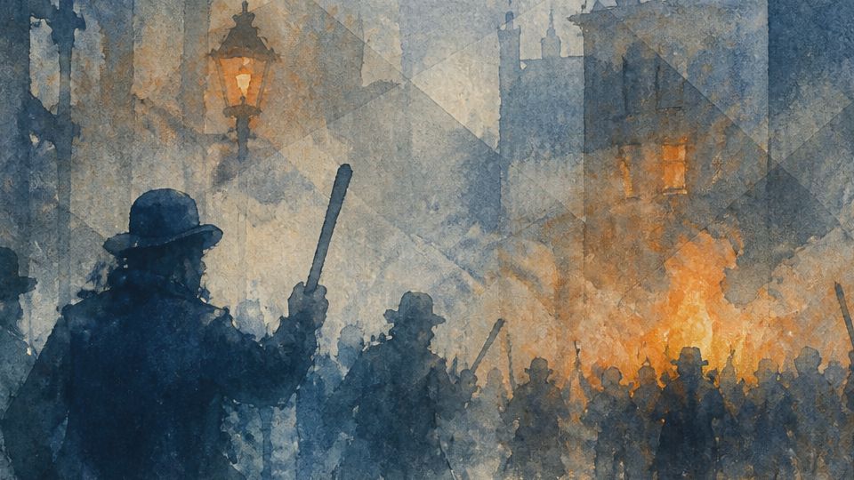 Figures with sticks confront a fire in a watercolor scene of dark blue and orange hues.