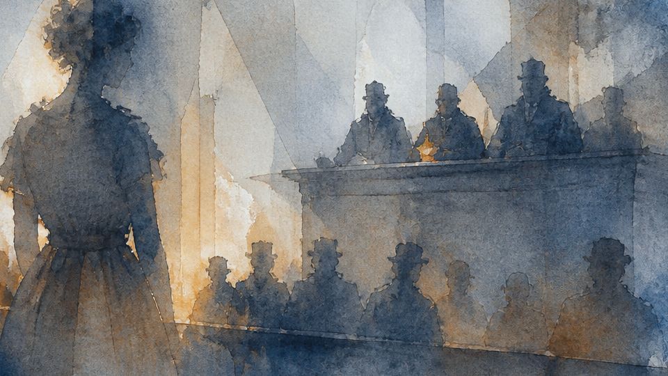 A woman appears in front of a shadowy audience, painted in soft blue and warm orange watercolors.