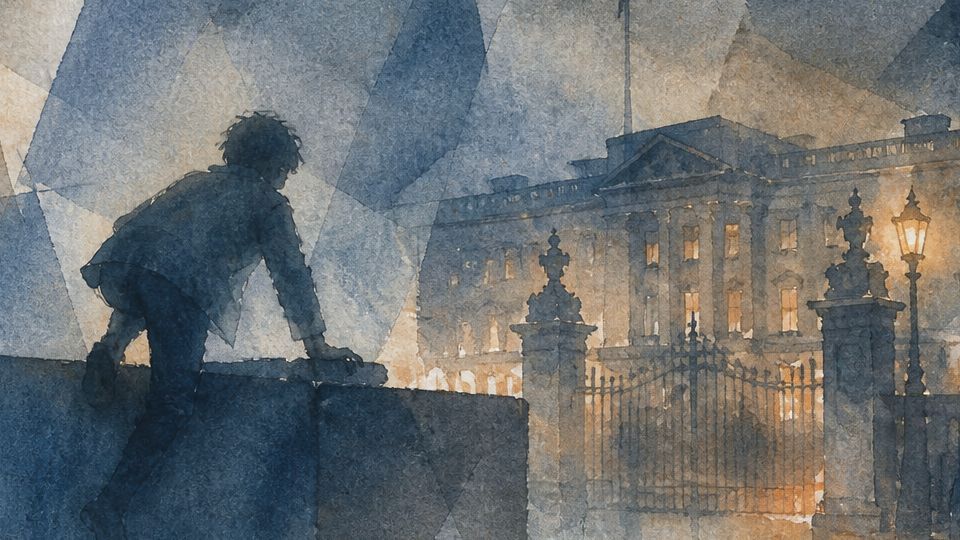 A boy climbs a wall near a palace, illustrated in soft blue and golden watercolor tones.