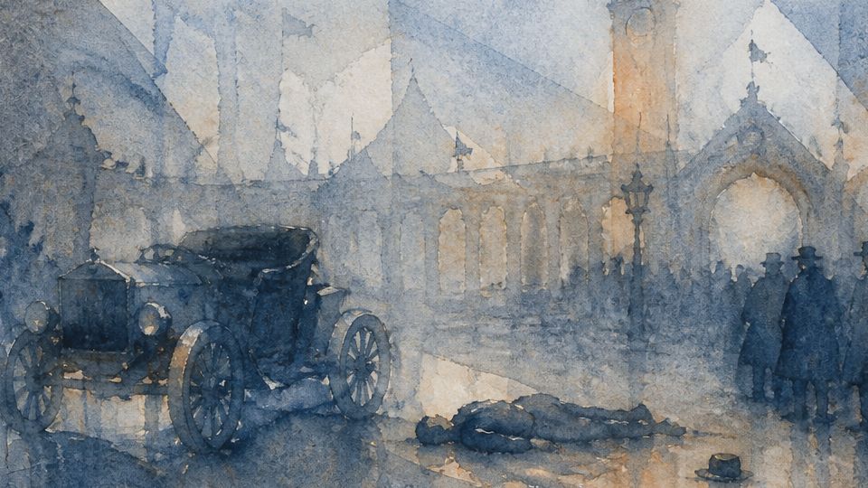 A vintage car stands near a figure on the ground, depicted in soft blue and orange watercolors.