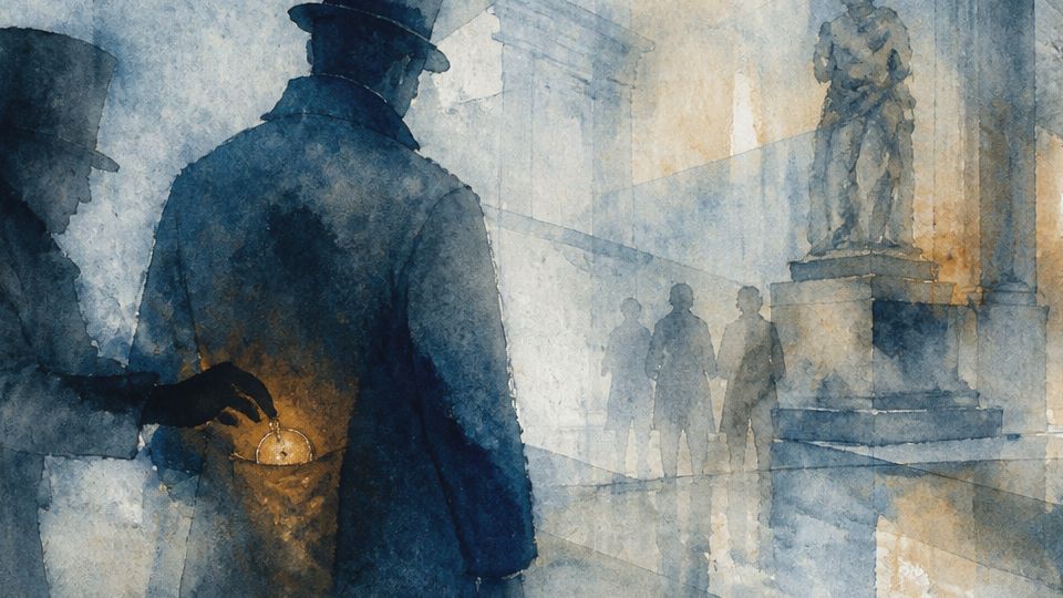 A figure pickpockets another in a museum, rendered in soft blues and warm ochre watercolor.