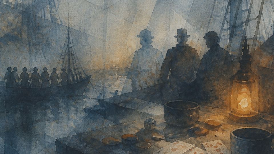 A group of shadowy figures gathers around a gambling table, painted in dark blues and warm browns.