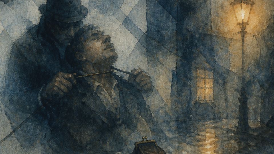 A figure is being threatened under a lamplight, depicted in dark blue and brown watercolor.