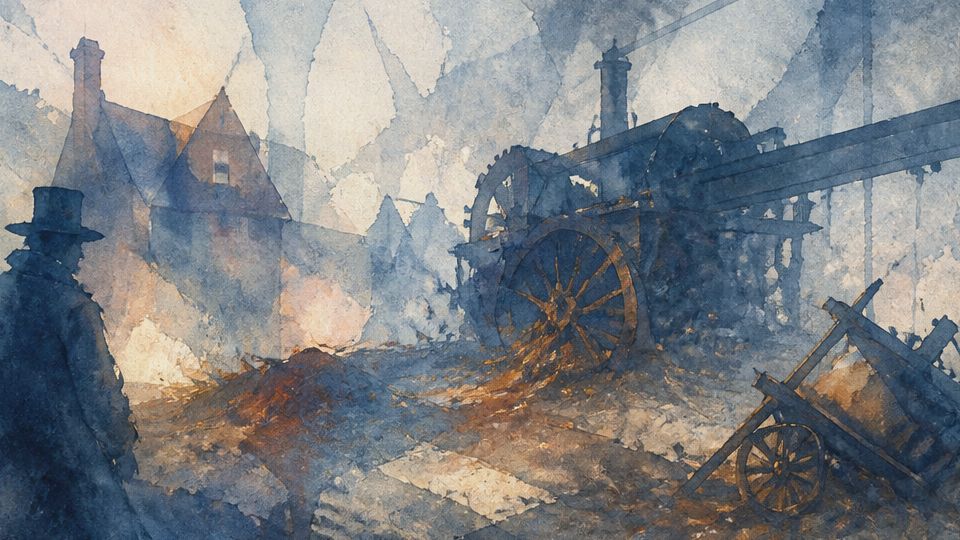 A figure stands near a thresher amidst smoky hues of blue and warm earth tones in watercolor.