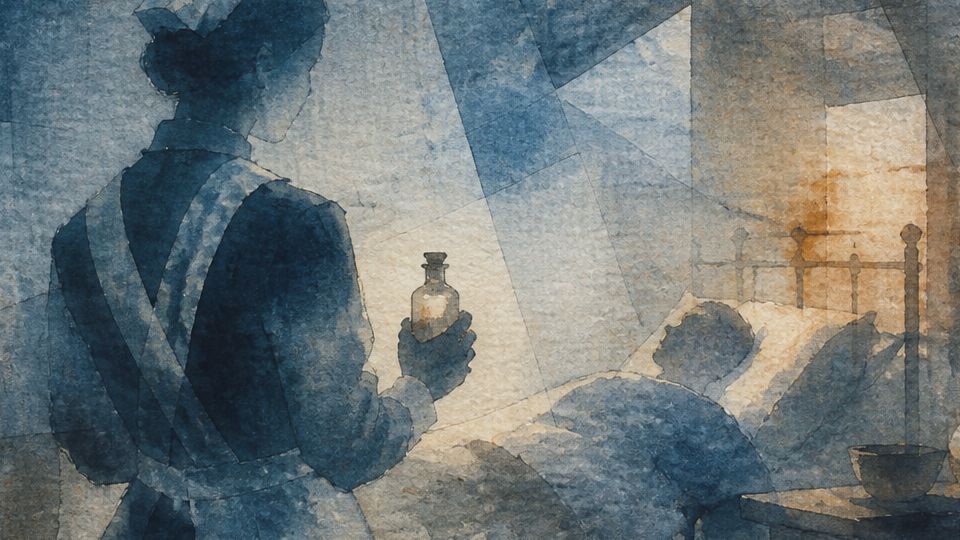 A nurse stands with a vial in a dimly lit room, rendered in blue and warm watercolor tones.