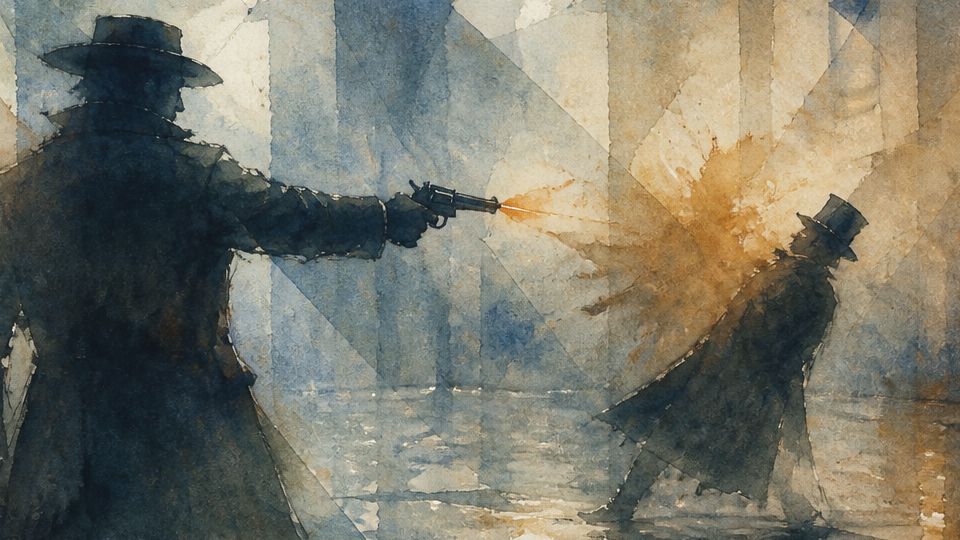 A shadowy figure shoots a gun in the dark, while warm watercolor tones of blue and brown blend.