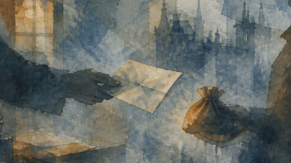 A figure hands over a letter while another holds a bag in soft watercolor shades of blue and brown.