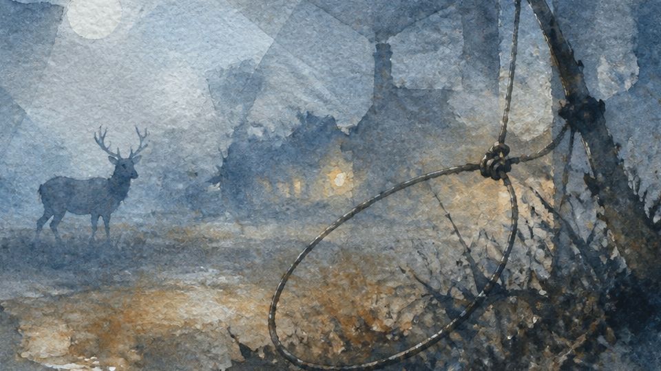 A deer stands near a snare in a moody, blue watercolor scene with warm highlights.