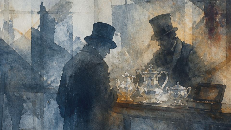 Two men in hats examine silverware, rendered in blue and warm tones with watercolor effects.