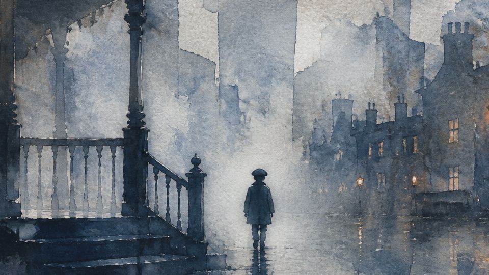 A child stands alone in a misty street, painted in dark blues and soft browns with watercolor.