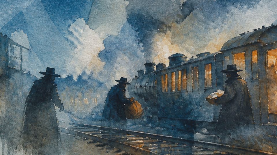 Shadows of figures near a steam train, with blues and warm hues in watercolor. In dark blue with.