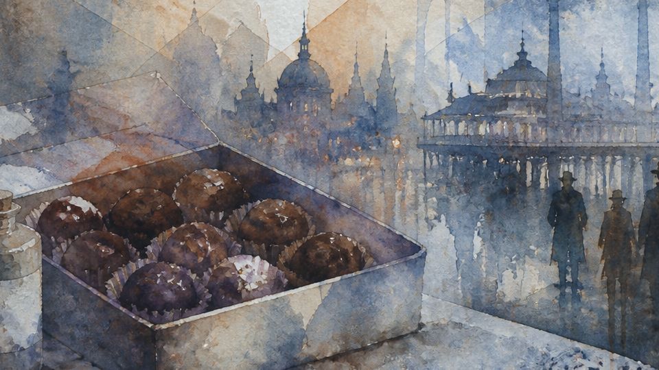 A box of chocolate truffles sits beside a potion bottle in a foggy watercolor cityscape.