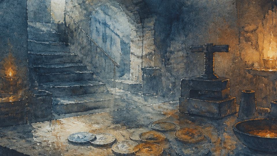 A dark, atmospheric interior features a coin press and scattered coins in warm watercolor tones.