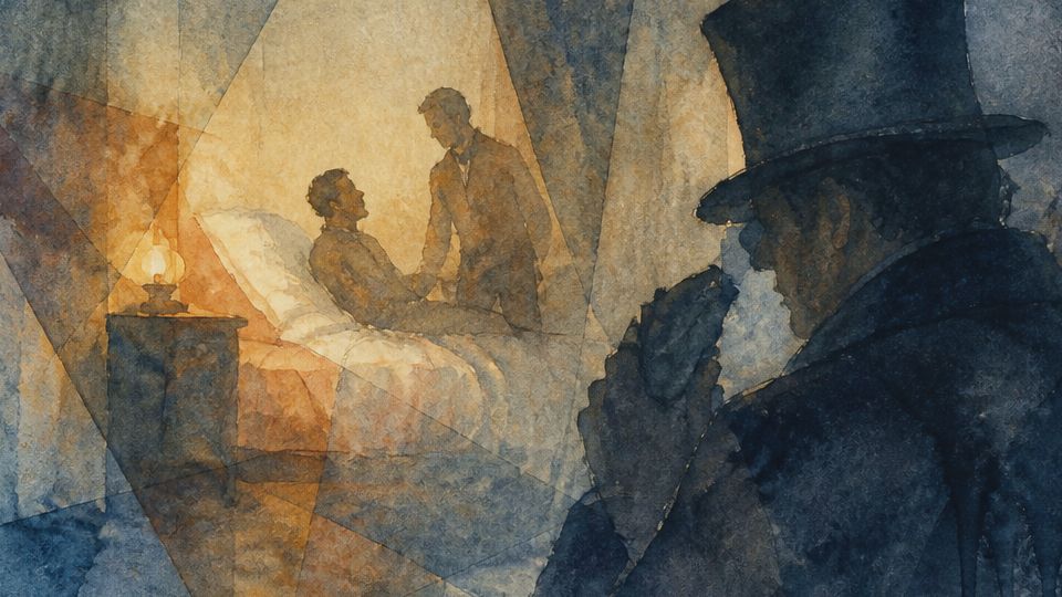 A figure watches two men in a room; watercolor tones of blue and amber capture tension.