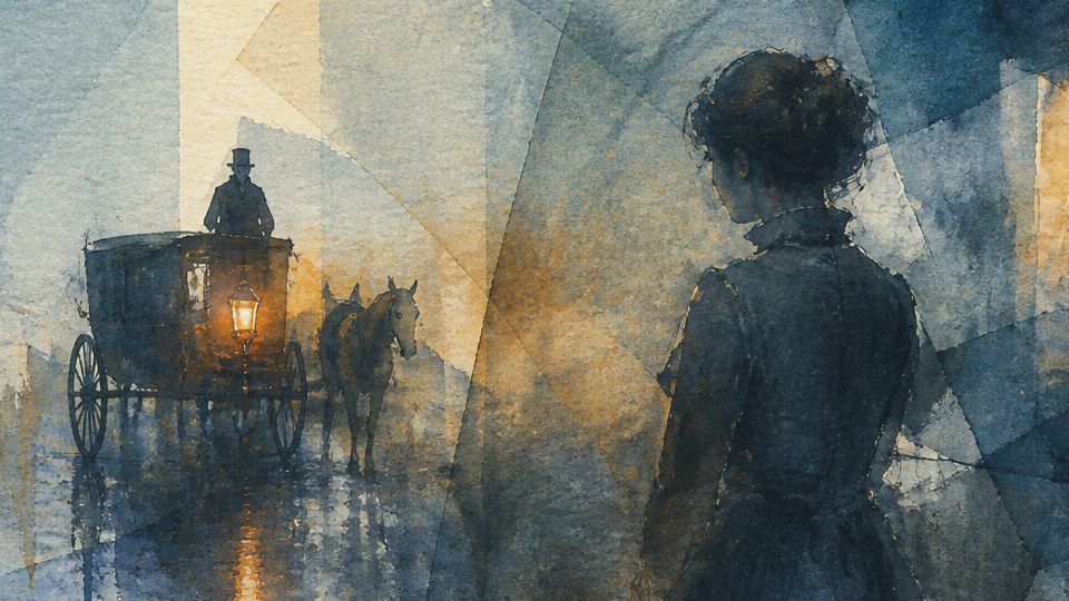 A woman stands in shadow as a horse-drawn carriage approaches, rendered in dark blues and browns.