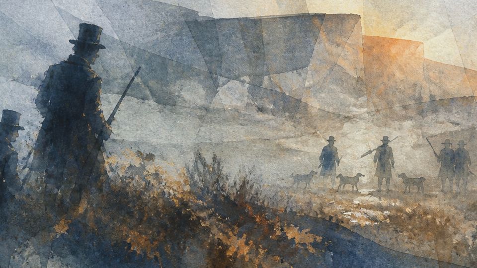 Silhouettes of poachers with dogs in a misty landscape, using watercolor in muted blues and browns.