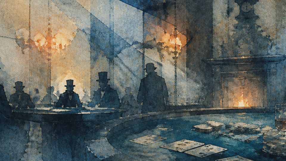 Silhouettes of people at a gambling table with cards, in warm brown and blue watercolors.