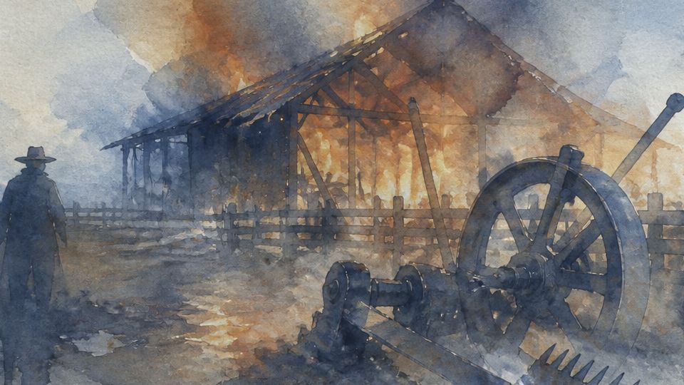 A figure stands near a burning shed in watercolor, featuring blues, oranges, and browns.