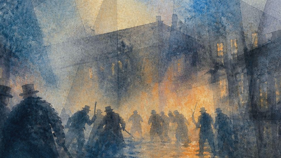 Silhouetted figures confront chaos amid flames, rendered in watercolor with blue and orange hues.