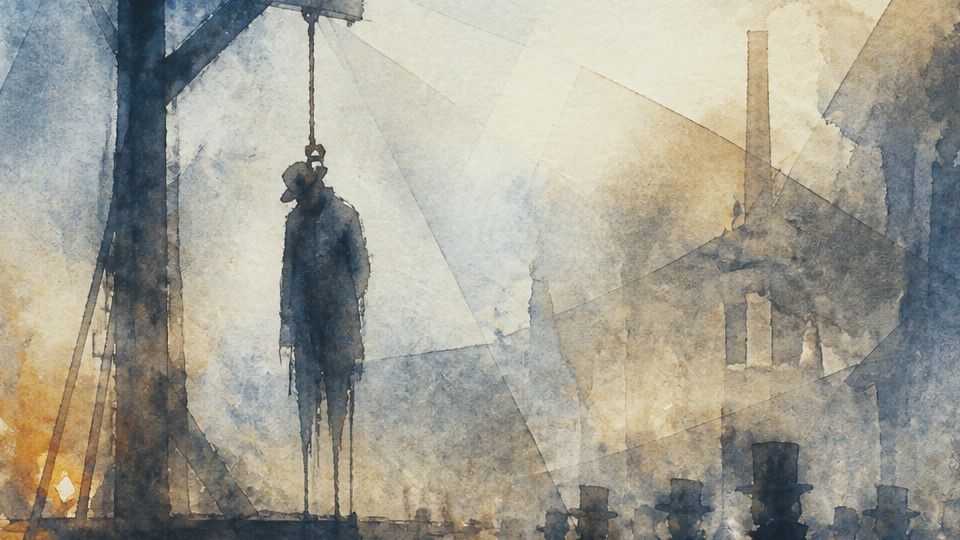 A figure hangs from a gallows in a somber scene, with dark blues and warm golden tones in.