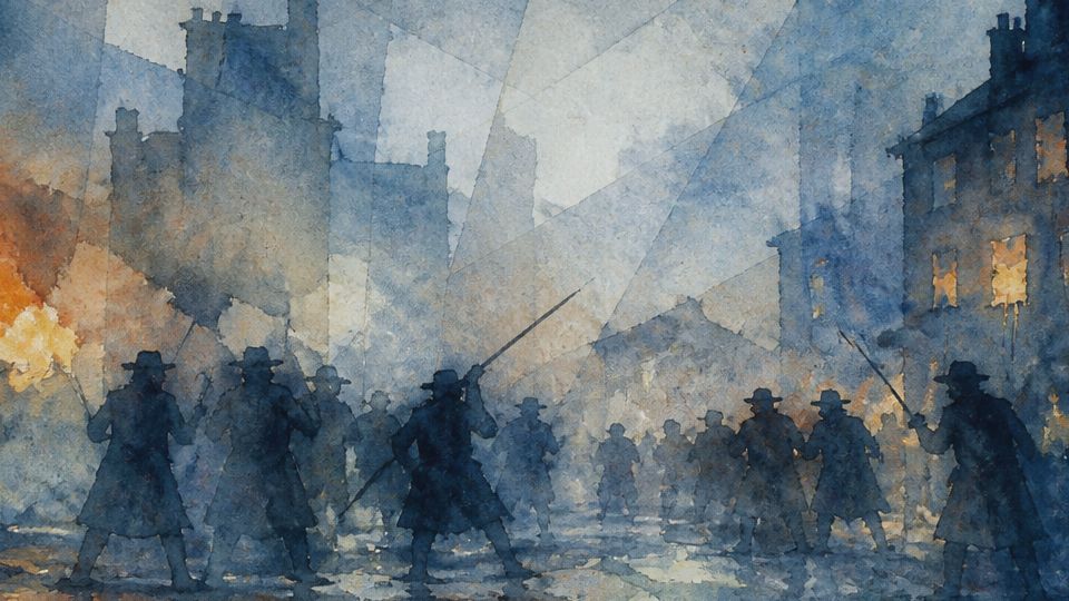 Silhouetted figures with weapons stand in a smoky scene, rendered in dark blues and oranges.
