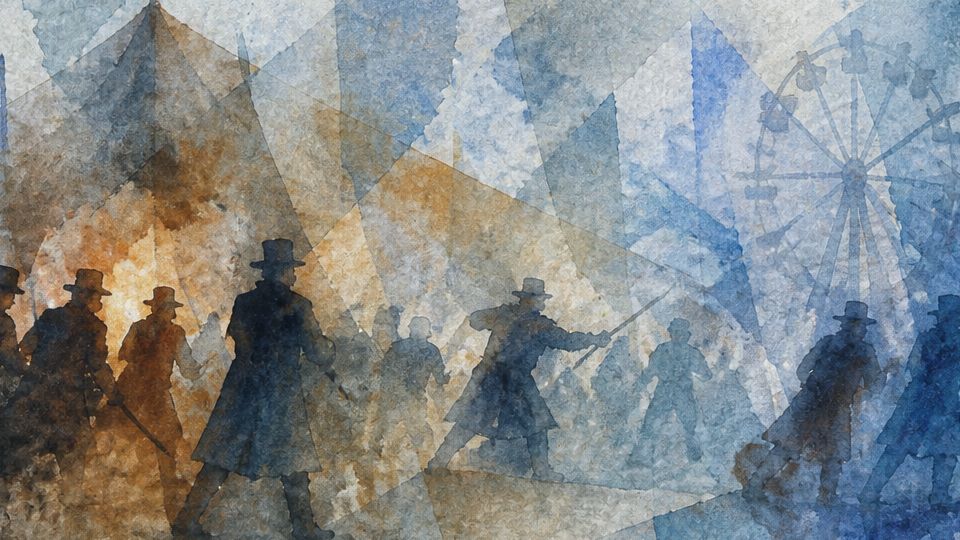 A chaotic scene of figures in hats fighting, rendered in blue and orange watercolor.