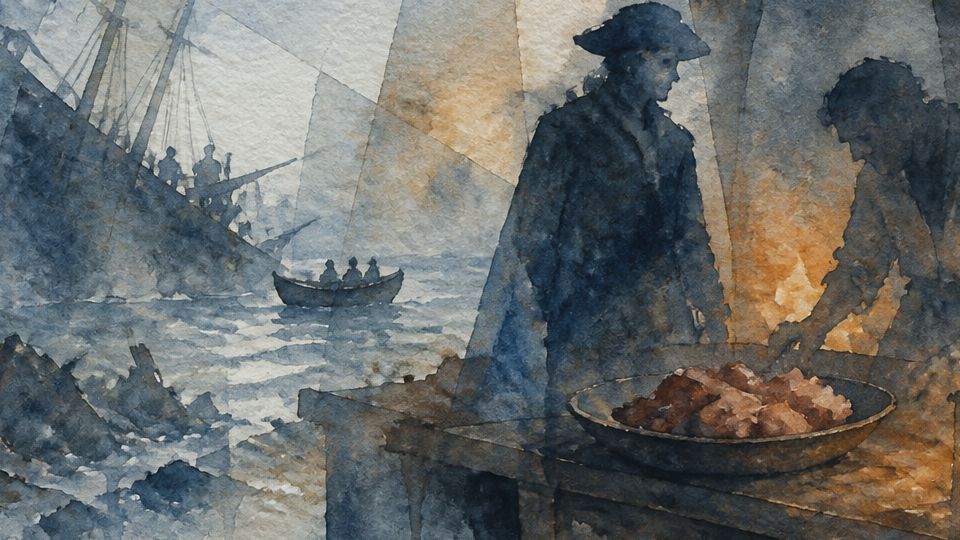 Two figures prepare food near a ship, depicted in dark blues and warm browns using watercolor.
