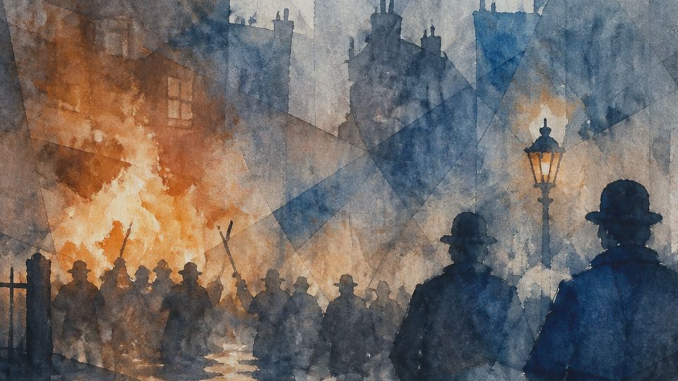Silhouetted figures face a fiery scene in this watercolor, featuring shades of orange and blue.
