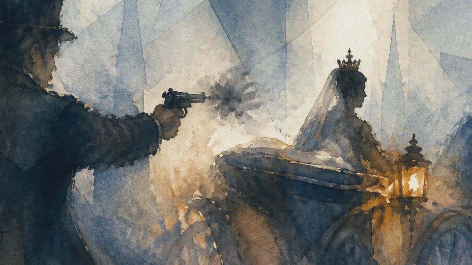 A man aims a gun at a royal carriage in dark watercolor hues of blue and brown. In dark blue with.
