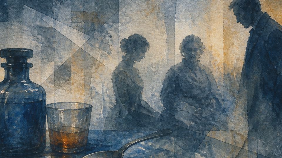 A man stands beside a bottle and glass, with dark blue and amber watercolor tones.