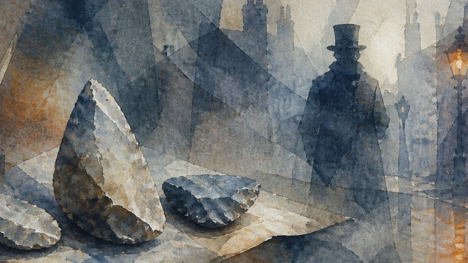 A man in a top hat stands near three textured stones, depicted in dark blue and orange watercolor.