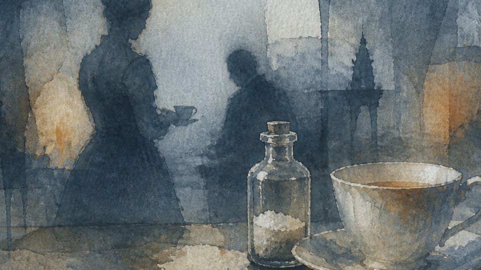 A woman holds a cup near a bottle and saucer in soft blue and sepia watercolor tones.