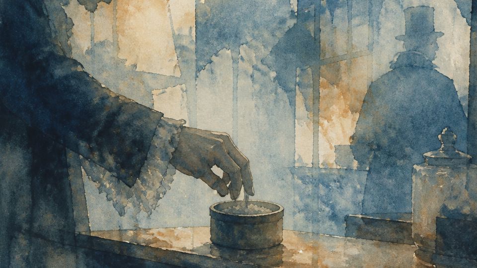 A hand reaches for a bowl on a table in soft blue and warm orange watercolor tones.
