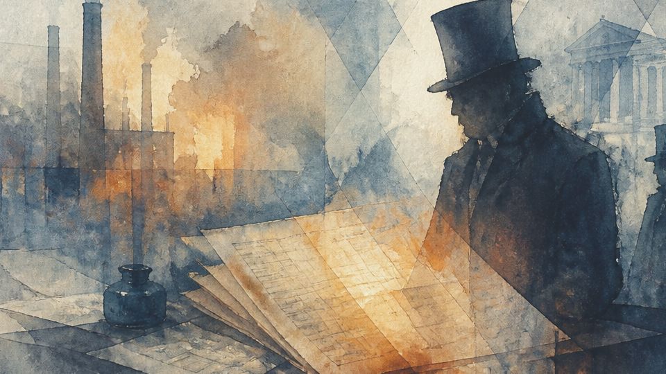 A man in a top hat examines documents amid smoky factories in muted blue and orange watercolors.