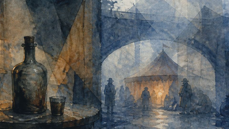 A dark bottle and glass sit on a table, surrounded by blue and amber watercolor tones.