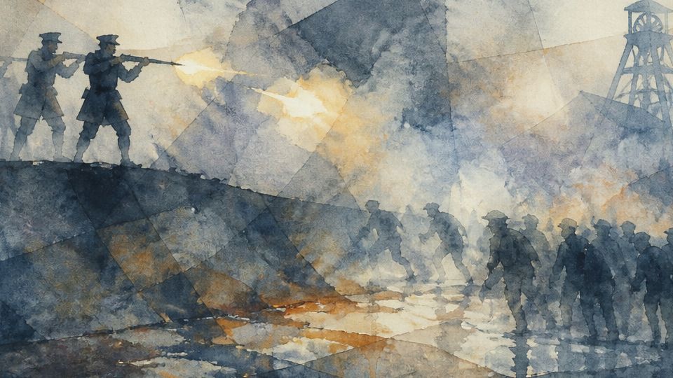Soldiers fire in the distance as shadows loom in a watercolor scene of blue and orange hues.