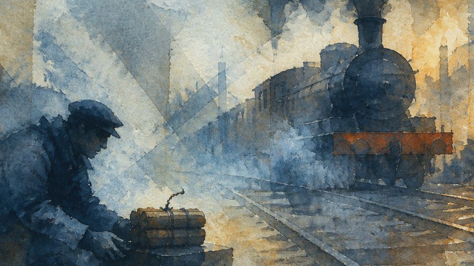 A figure places dynamite on a railway track in a smoky scene, using muted blue and orange.