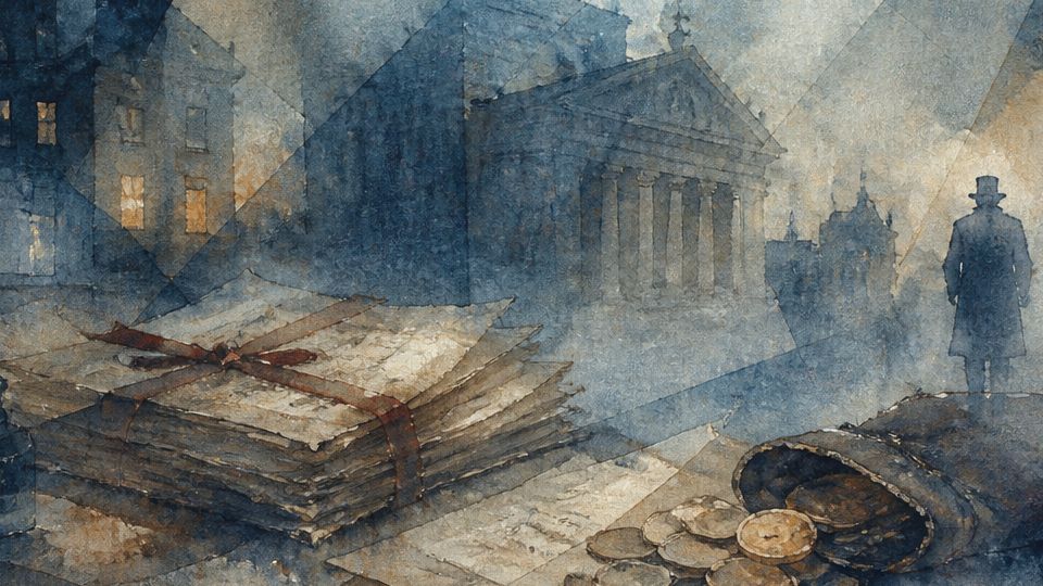 A mysterious figure stands near coins and documents in blue and brown watercolor tones.