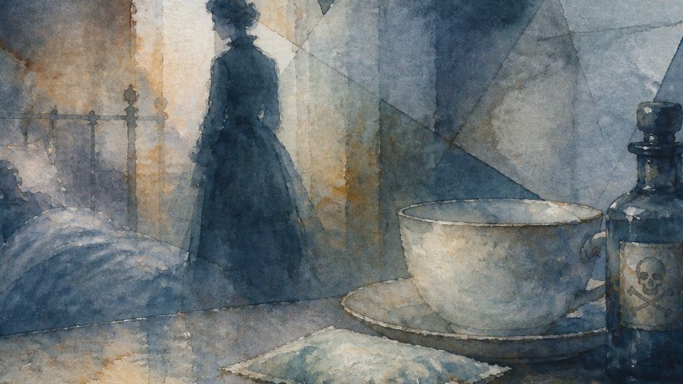 A woman stands near a bed with a sick figure, featuring blue and warm tones in watercolor.
